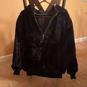 Garage faux fur bomber jacket with hood